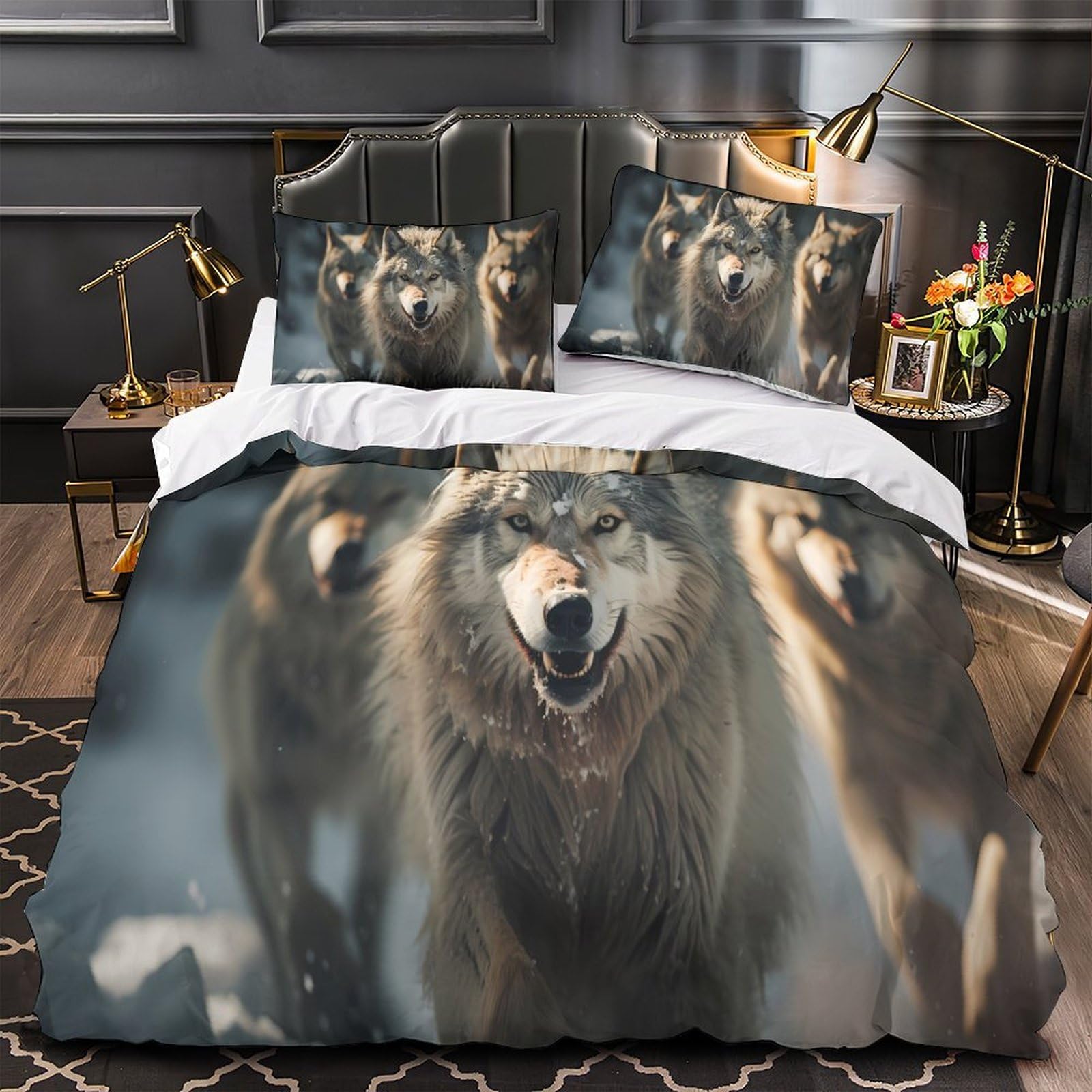Housse de couette loup imprimé 3D super douce parure lit hypoallergique
