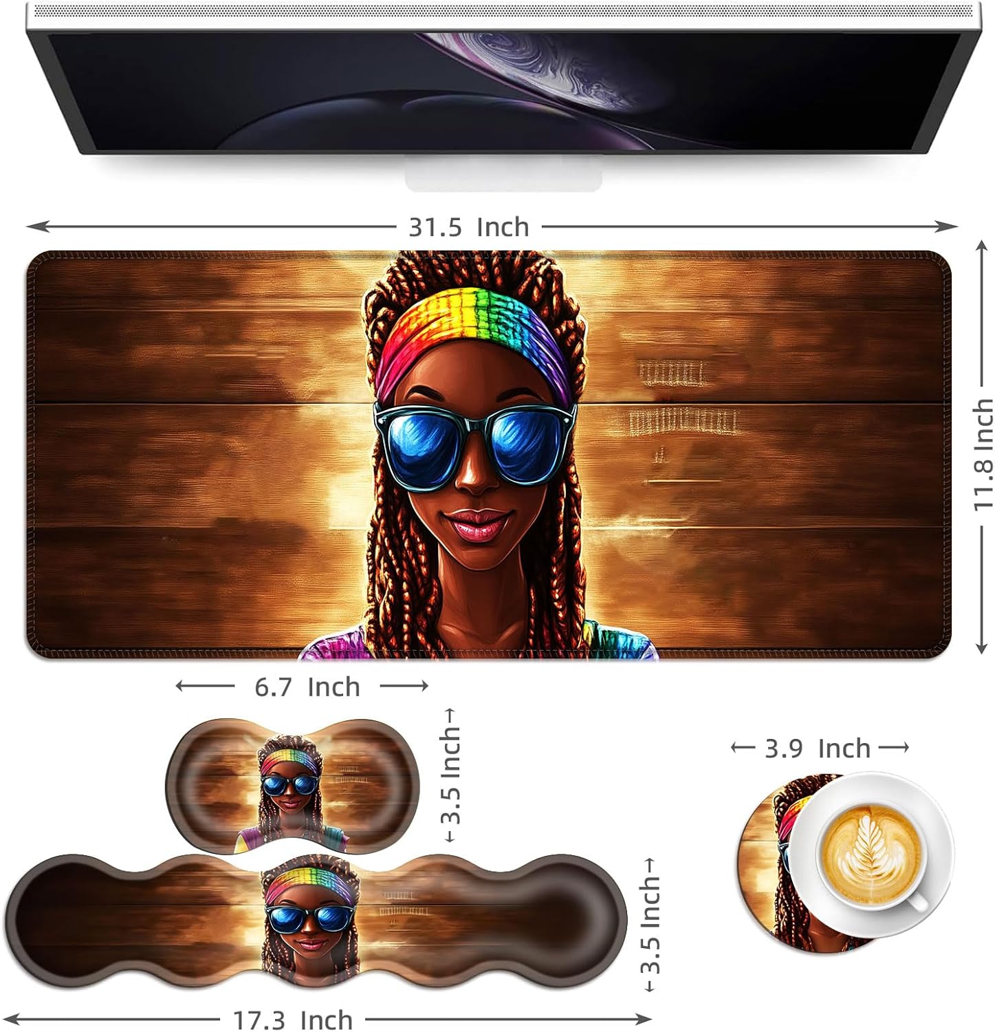 Keyboard Mouse Pad Set, Extended Gaming Mouse Pad+Ergonomics Keyboard Wrist Rest Support, Memory Foam, Easy Typing Pain Relief, 4Pcs XL Ultra Thick Desk Mat,Rainbow Woman