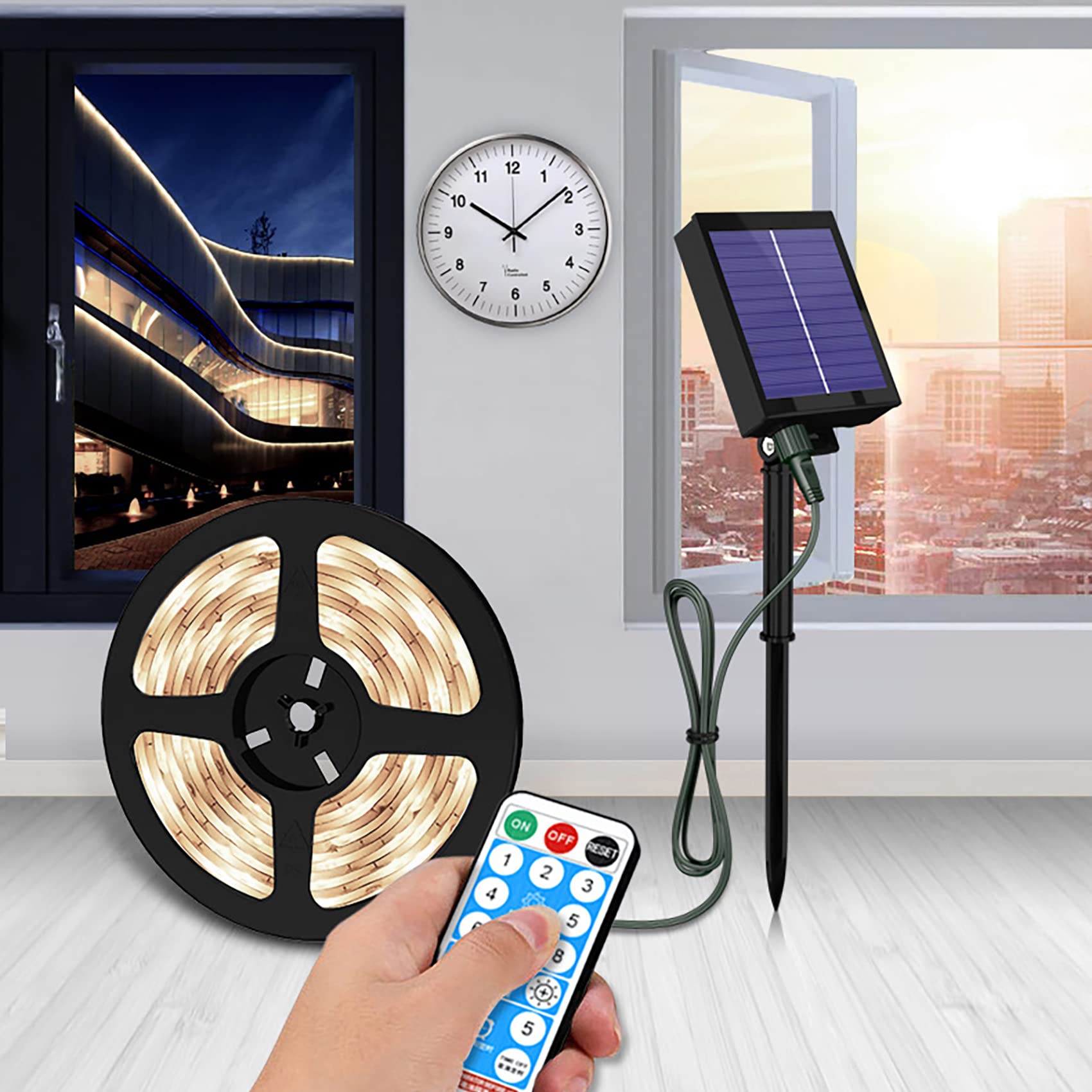 Solarna taśma świetlna LED, 10 m, 240 LED, wodoodporna, elastyczna lina, 8 trybów, z pilotem i timerem, dekoracyjne, na schody, do pawilonu, basenu, dziedzińca, na Boże Narodzenie, ciepła biel
