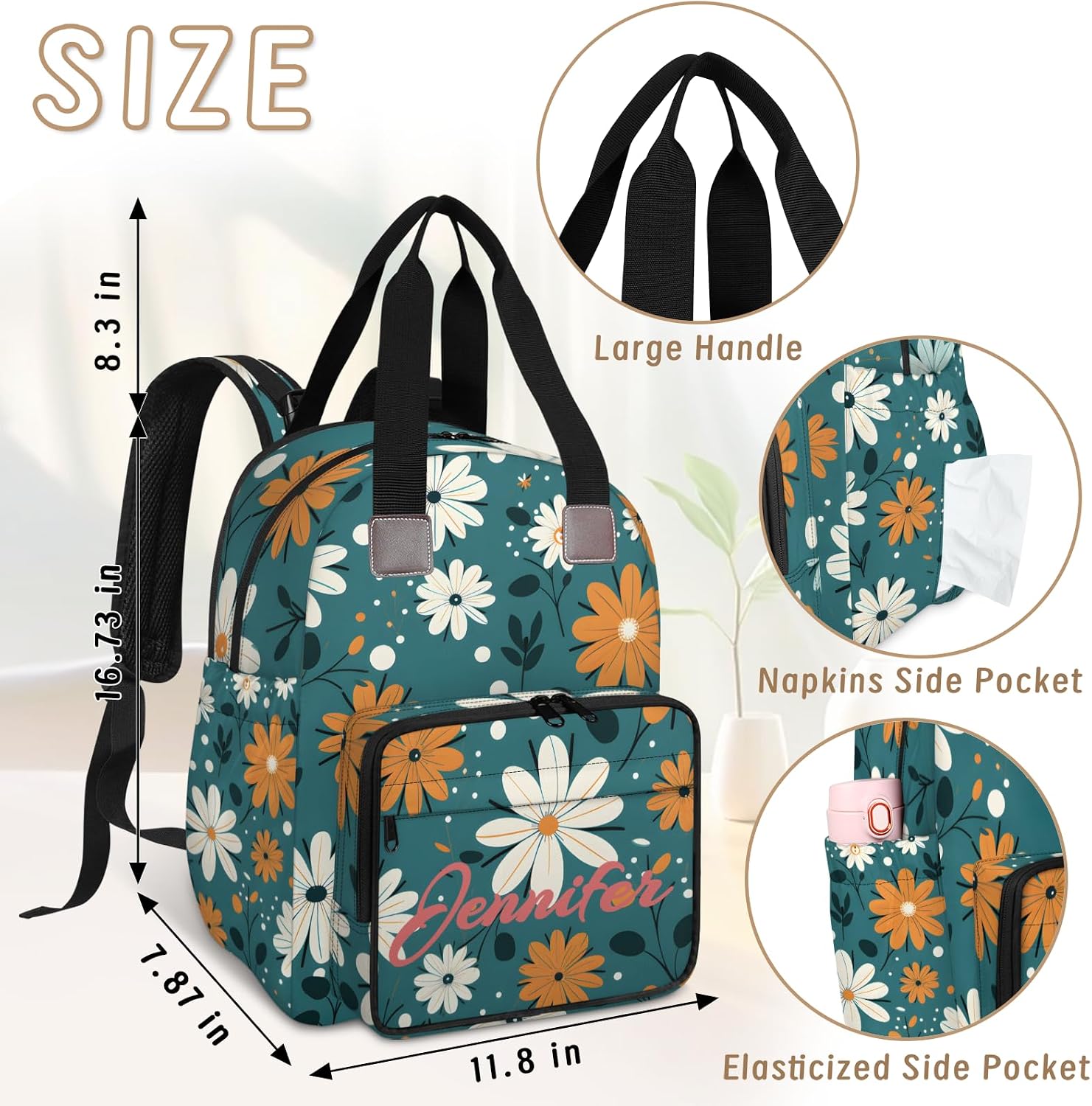 Honeybaby Custom Backpack with Name, Personalized Diaper Bag Backpack, Retro Daisy Flowers Waterproof Baby Bag for Mom, Large Capacity, USB Port & Stroller Straps - Custom Gift