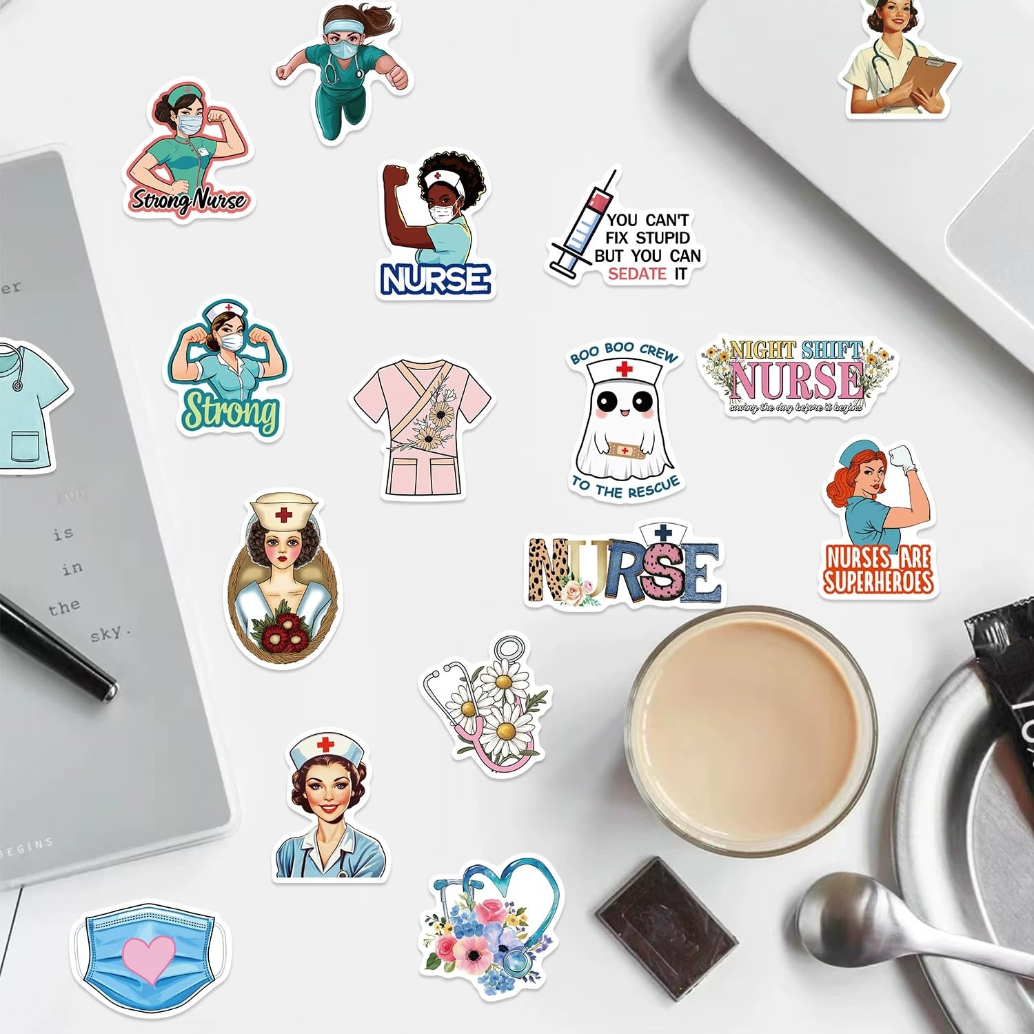 100 Pcs Nurse Stickers Nurse's Day Decals Nurse Accessories Medical Decals for Work Nurse Week Gifts for Computer Water Bottles Cups Planner Scrapbook Car Luggage - Image 4