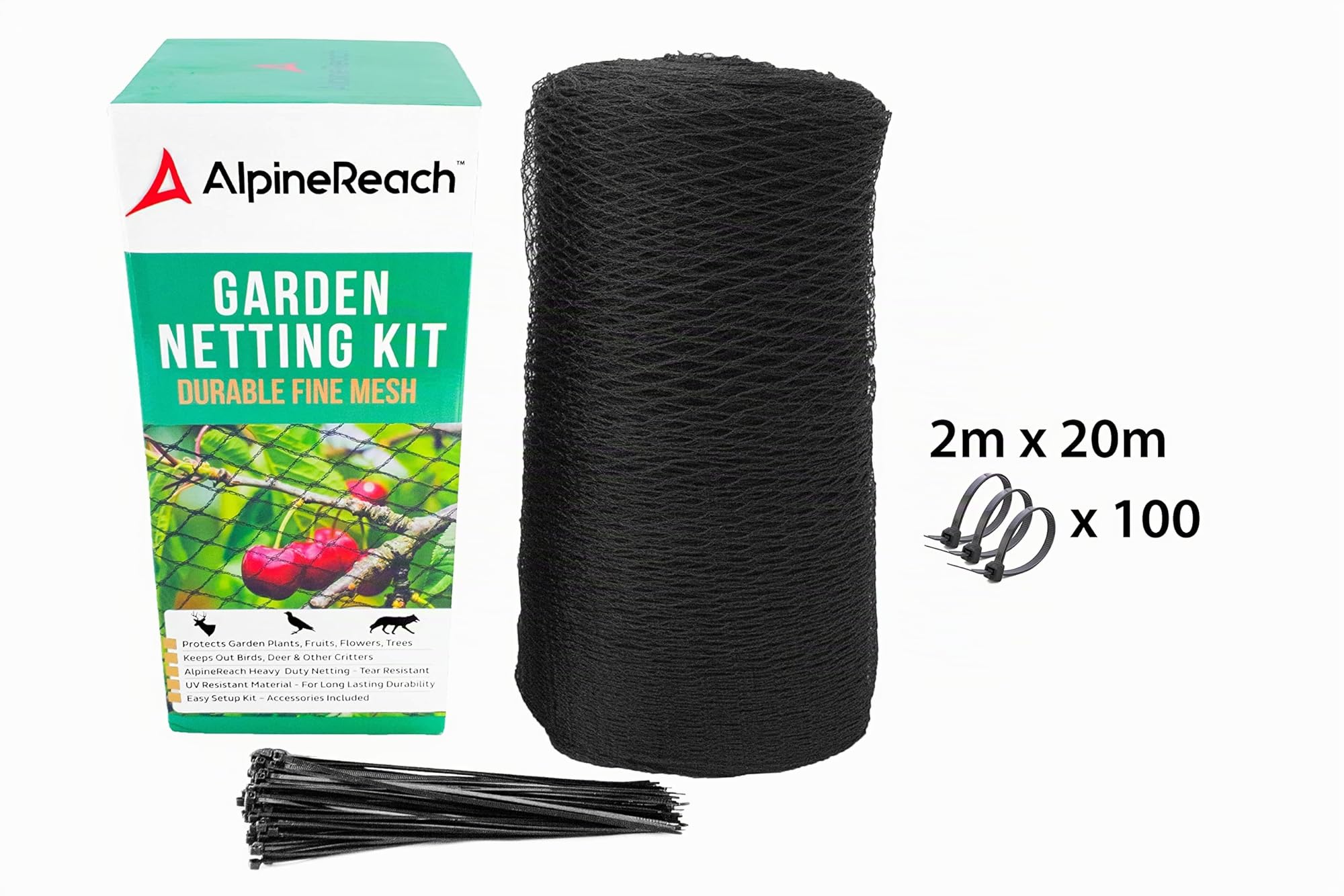 AlpineReach 2m x 20m Red de Jardín, contra Pájaros, Malla Tejida Super Resistente Protege Plantas, Frutas, Flores, Árboles, Animales, Cercado Ciervos, Cubierta Reutilizable, Negro