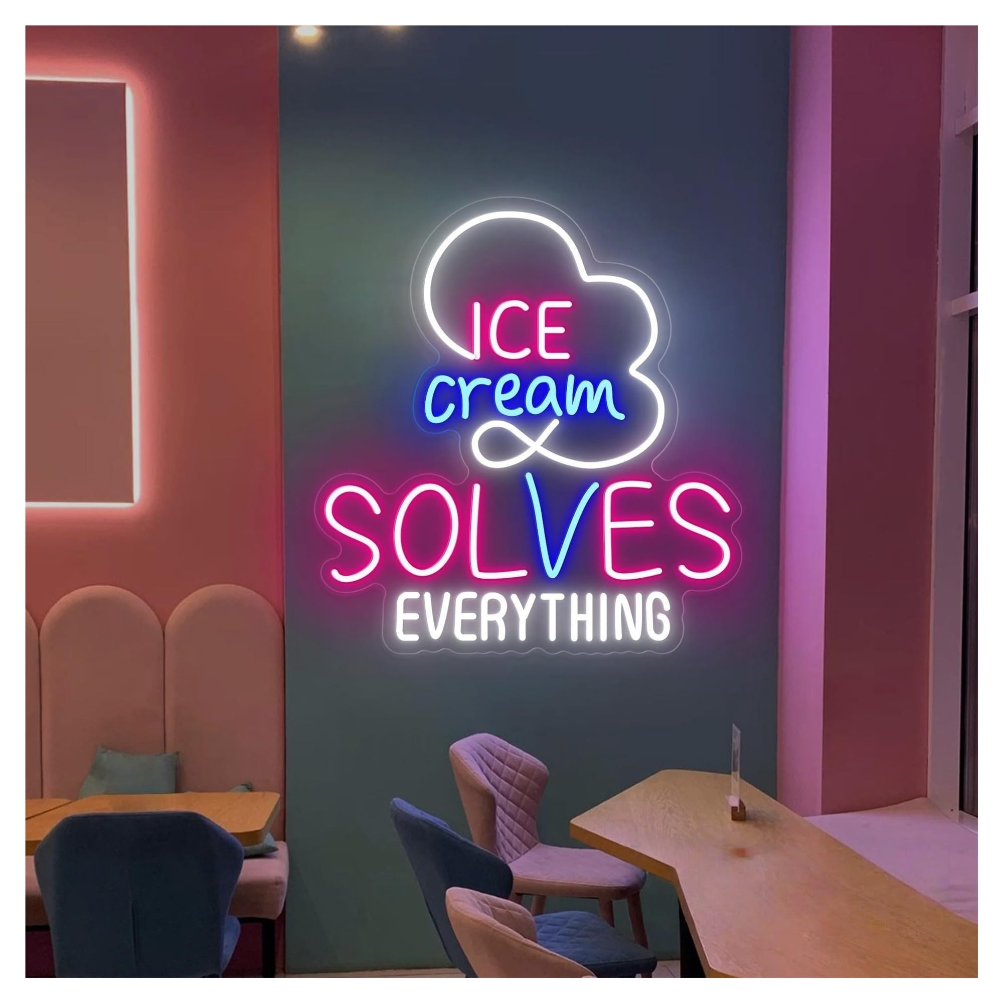 SHOUXI Sign Lamp Ice Cream Solves Everything Neon Sign, Cone Light Wall Decor Shop Open 46.5cmx50cm(C)
