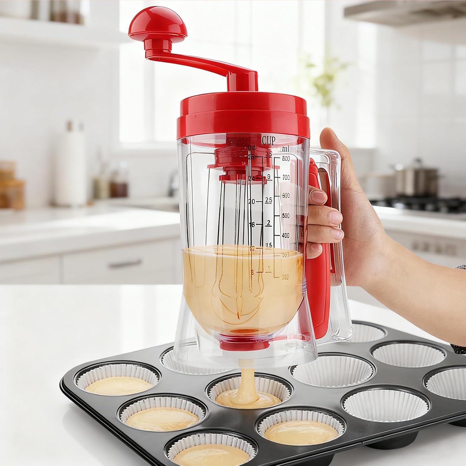 Pancake Batter Dispenser with Mixer and Measuring Scale Cupcake Waffle Batter Dispenser for Pancake Cupcakes Waffles Muffin Mix Crepes Cake
