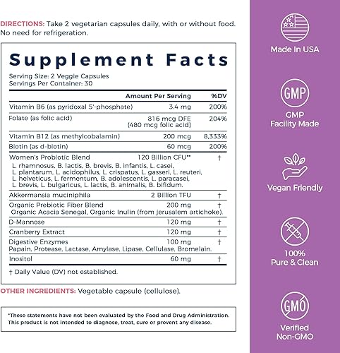 Miniatura 8 de NewRhythm Probióticos para mujeres, Akkermansia Probióticos, biotina, vitamina B6 B12 e inositol, 120 mil millones de UFC, 20 cepas, enzimas