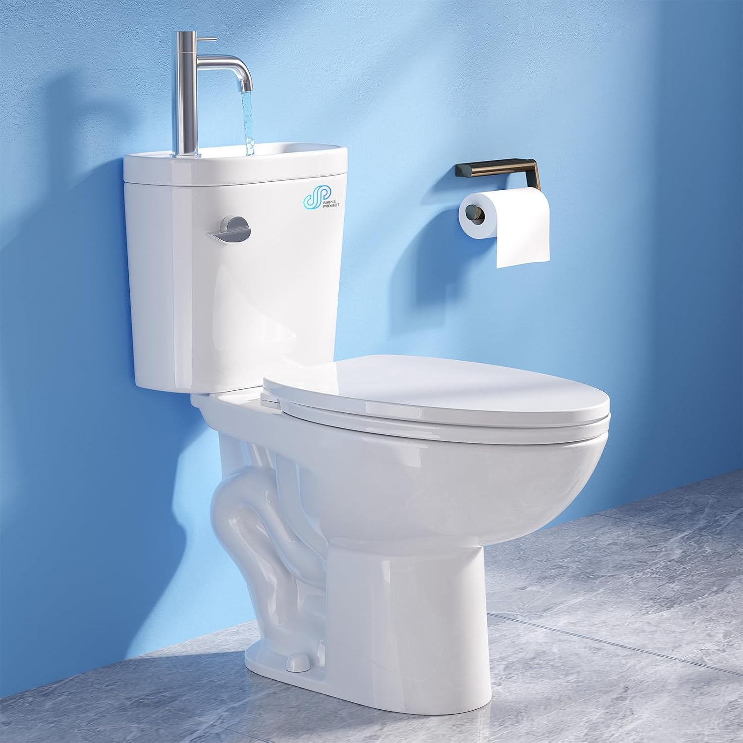 Simple Project Modern Elongated Toilet with Sink, 3-IN-1 Faucet Toilets with 12 Inch Rough IN & 1.28 GPF Single Flush, 17 Inch Tall Toilet Sink Combo for Small Bathrooms (Include Faucet)