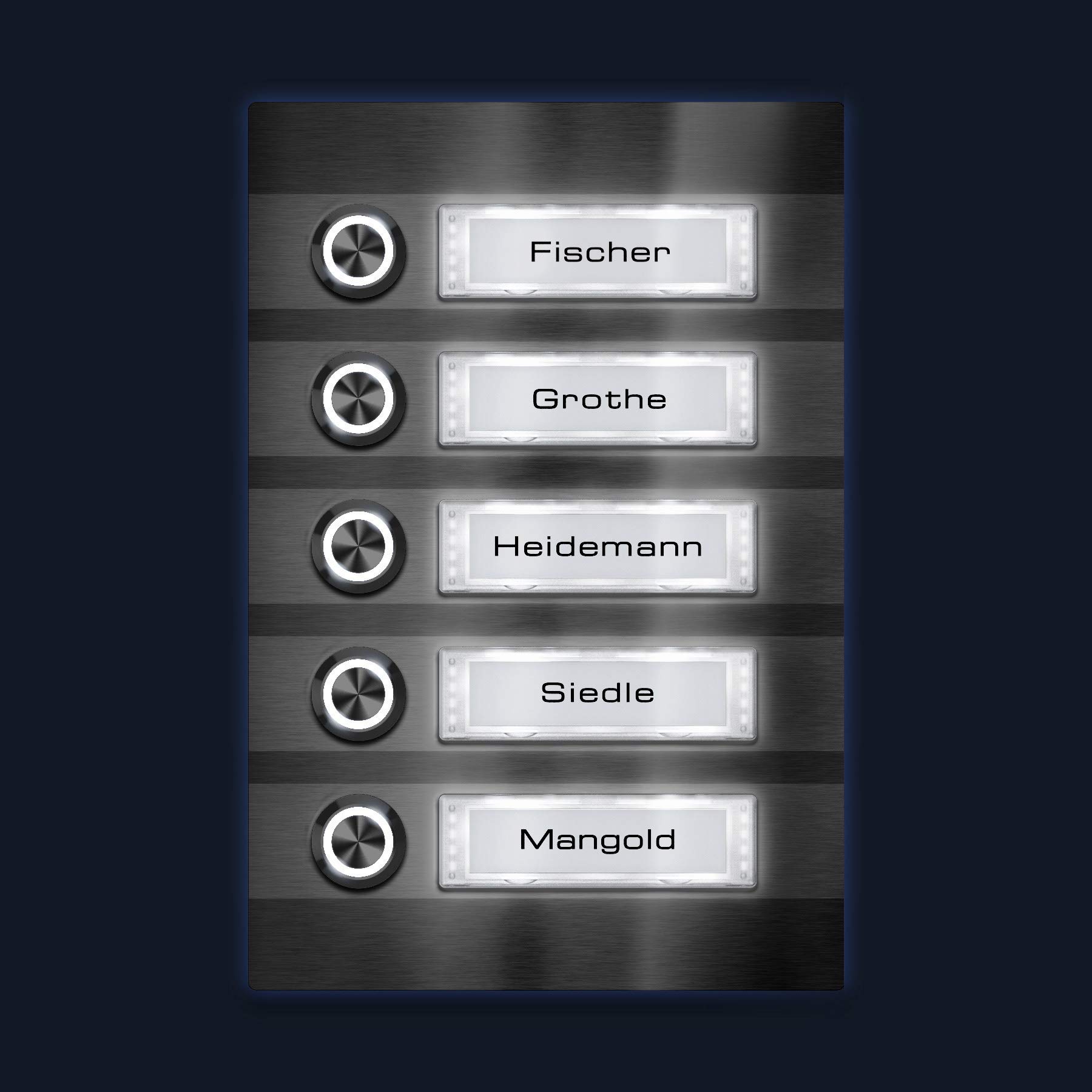 Metzler® sonnette 5 foyers avec LED optionnelle et plaques nom interchangeables acier inoxydable montage en saillie durable extérieur connexion facile 6–12V pièces détachées 10 ans