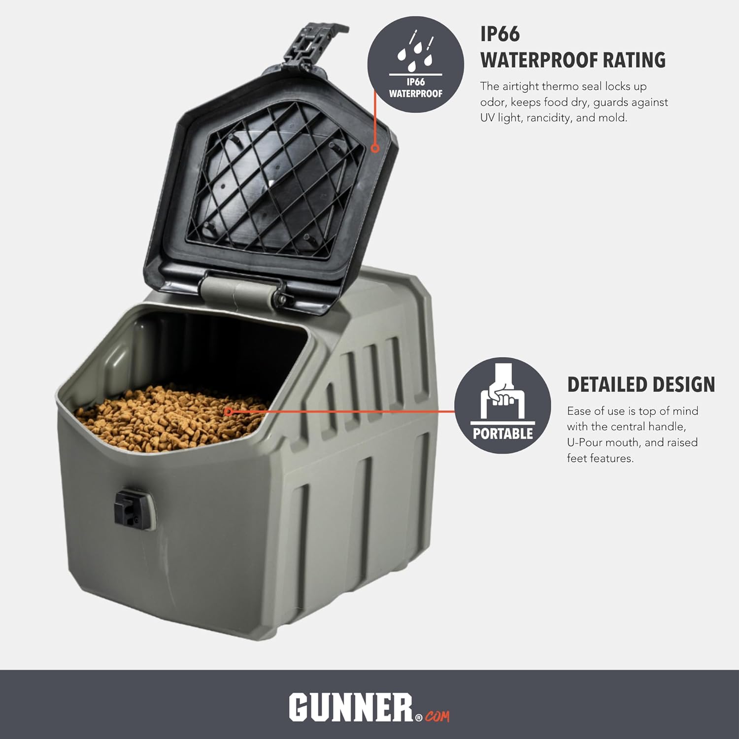 GUNNER 30 lbs Dog Food Storage Container - Waterproof & Airtight Dog Food Bin - Multi-Purpose Pet Meal Bin for Dry Feed, Corn, Chicken Feed, Pet treats, Bird Seed, & More - Gunmetal