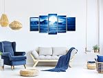 Pyradecor Bleu Nuages Toile Imprime Wall Art Moon Sea Beach Photos Peintures Prêt à accrocher pour la chambre à coucher Maison Décor Moderne 5 Pièce Artwork de paysage étiré AH5003