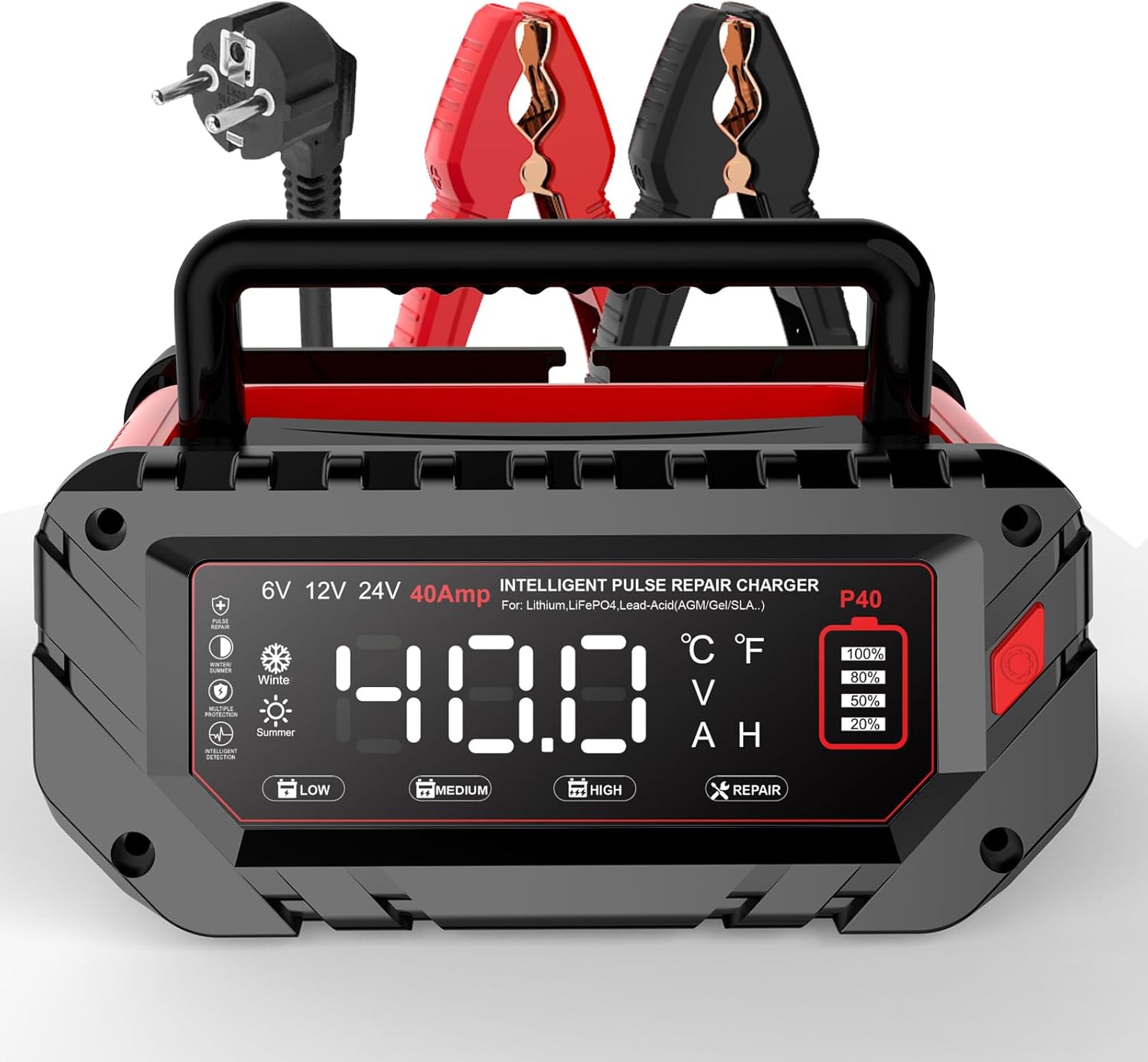 40A Autobatterie Ladegerät, 6V/12V/24V LiFePO4 Ladegerät, Batterieladegerät KFZ für Auto, Motorrad, Rasenmäher, Boot, Lithium, LiFePO4 und Blei-Säure(AGM, Gel, MF, EFB, SLA, VRLA, Wet)