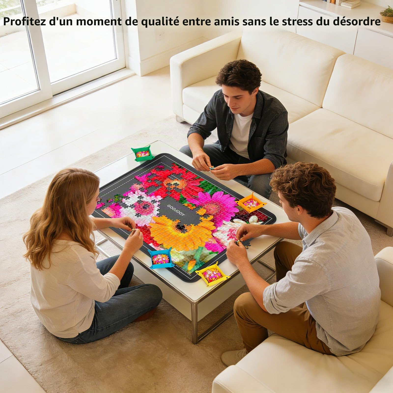 Plateau Puzzle 1500 Pièces avec 8 Plateaux de Tri Colorés et Couvercle Anti-Poussière, 95x65 cm Planche Puzzle, Table Puzzles Pliable en Feutre, Surface Antidérapant pour Amateurs de Puzzles