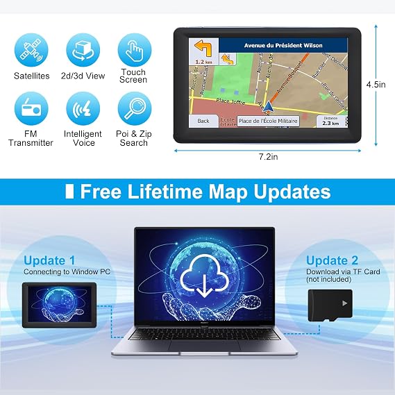 7 GPS Navigator for Car Truck RV, Car GPS Navigation System with 2026 Maps, Lifetime Free Updates, Voice Guidance, Speed & Red-Light Camera Alerts, Custom Truck Routing (Blue)
