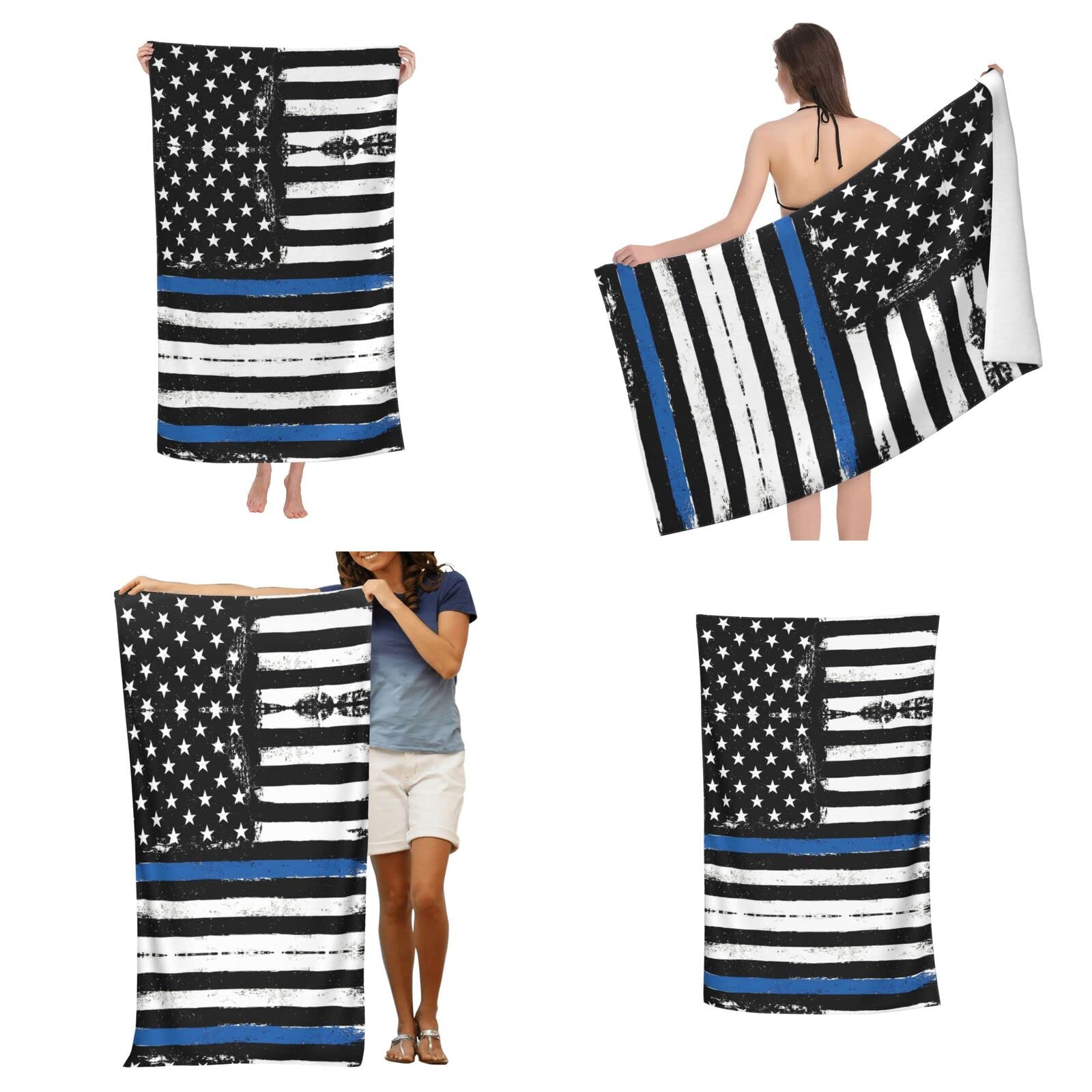 Niebieska cienka linia flaga USA ręcznik plażowy i ręcznik do jogi, szybkoschnący ręcznik podróżny z mikrofibry na plażę, basen, do pływania, dłoni, twarzy i ciała