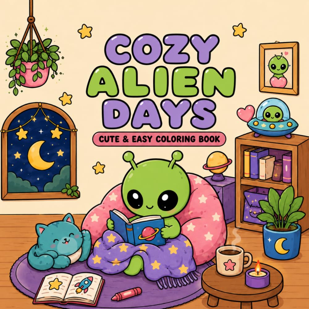 Cozy Alien Days: Cute & Easy Coloring Book for Adults and Teens (Cozy Alien Coloring Book) (Cozy Cryptids Coloring Books)