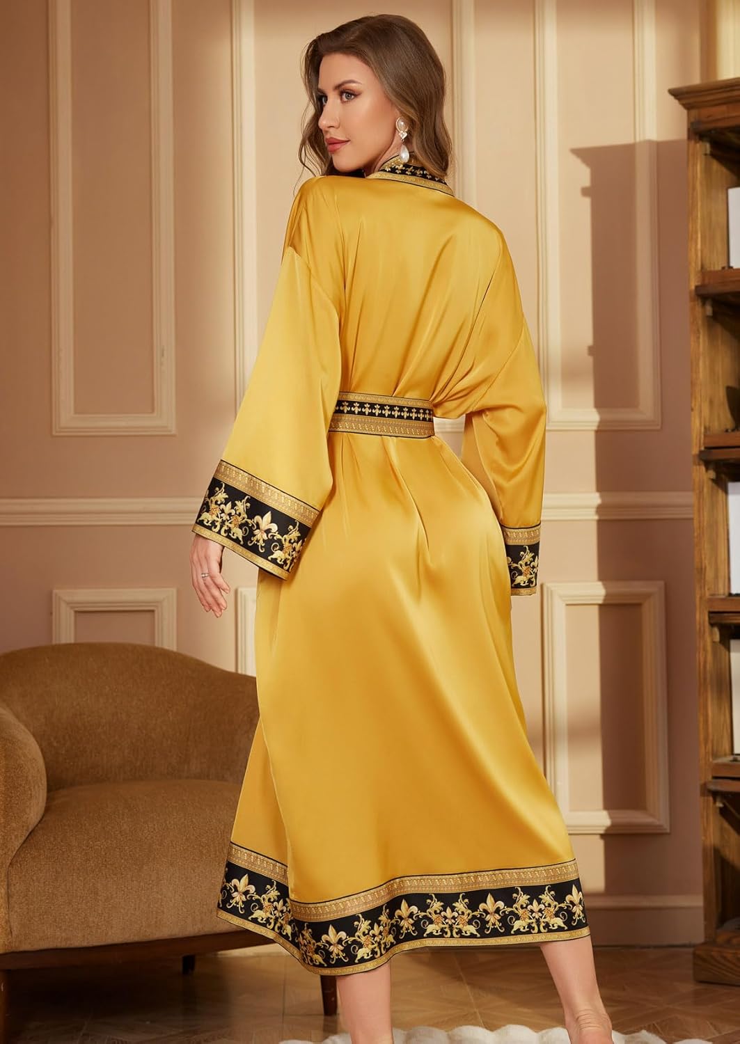 Silk Satin Robe for Women Long Kimono Robe Lightweight Floral Trim Bathrobe Luxury House Robes with Pockets