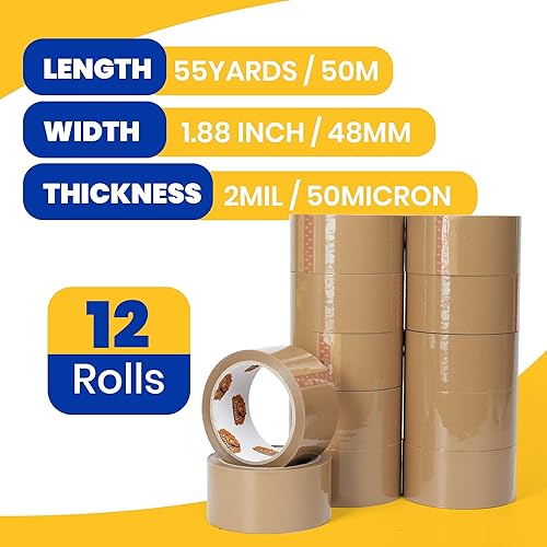 Miniatura 2 de TAPEBEAR Cinta de embalaje marrón, 12 rollos, repuestos de cinta de embalaje resistente de 1.88 pulgadas x 55 yardas para cajas, cinta marrón de