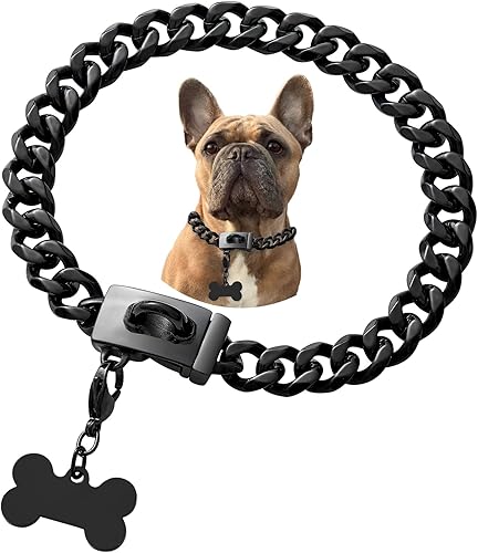 Miniatura 18 de Collar de perro de acero inoxidable, collar de joyería de bulldog con encanto, impermeable, oro rosa, negro, plata, resistente, collar de perro