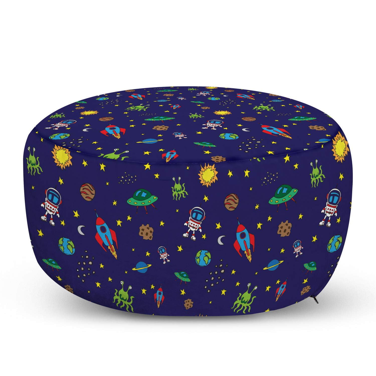 Ambesonne Space Ottoman Pouf, Doodle Style Cartoon Rocket Astronaut and UFO Alien Life Forms Earth H