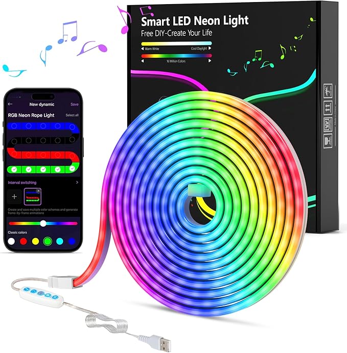 OJQ Tira de luces LED RGB de neón, tira de luces flexibles RGB de 6.5 pies, sincronización de música, tira de luces de neón, diseño de bricolaje, control de aplicación, luces de neón para sala de