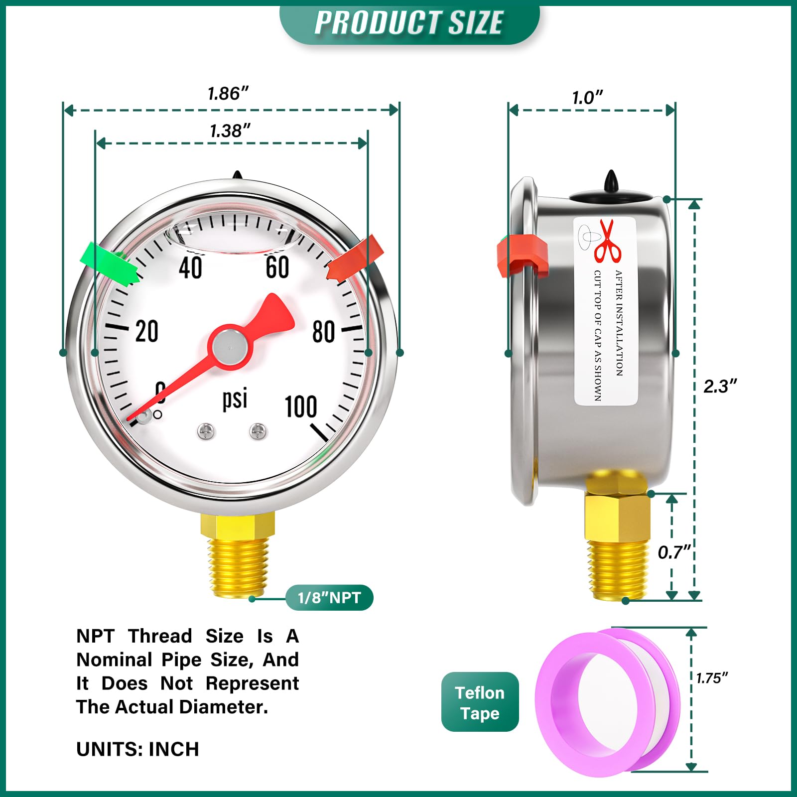 0-100psi Glicerina in acciaio inox liquido riempito manometro 1/8 NPT 1,5 "Dial, montaggio inferiore progettato per test di pressione di acqua, olio e aria (con indicatore di gamma)