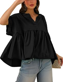 Women Babydoll Peplum Top Cotton Oversized V Neck Summer Shirt | Short Sleeve, Cute Comfy Feel, Tummy Friendly, Pretty Colors, Dress Up or Down, Roomy Coverage