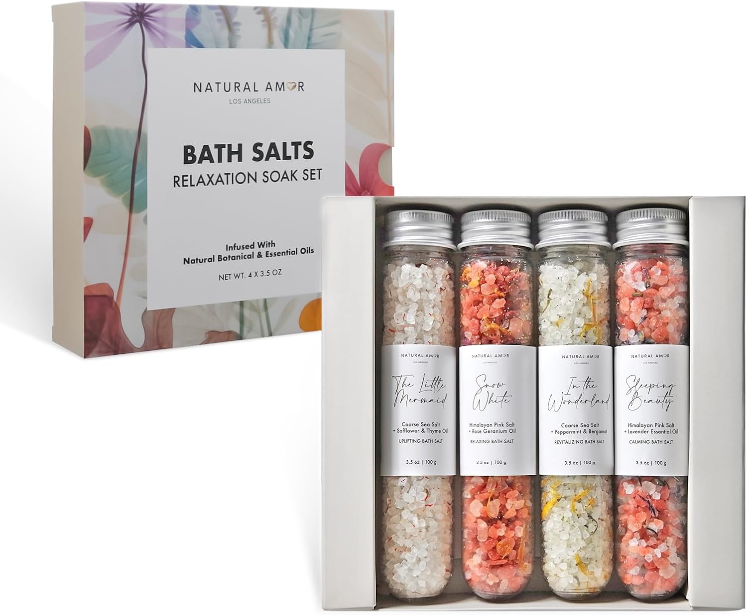 Natural Amor Natural Bath Salt Gift Set – 4 Pack Tubes with Sea Salt, Dried Flowers & Essential Oils – Lavender, Rose, Peppermint, Herbal – Relaxing Soak, Spa Gift for Women