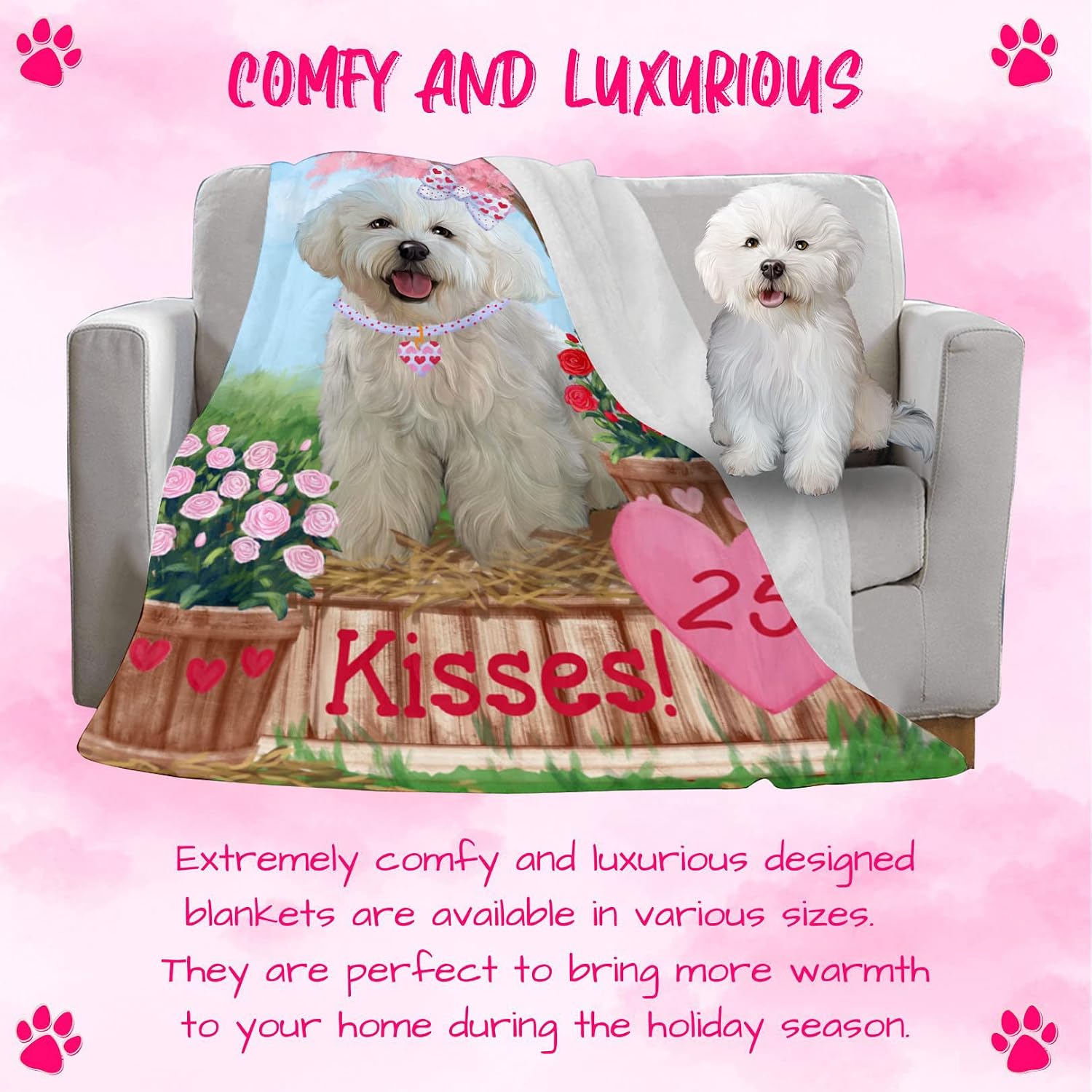 Rosie 25 Cent Kisses Bichon Frise Dog Blanket - Lightweight Soft Cozy and Durable Bed Blanket - Animal Theme Fuzzy Blanket for Sofa Couch BLNKT60701 (30x40 Fleece)