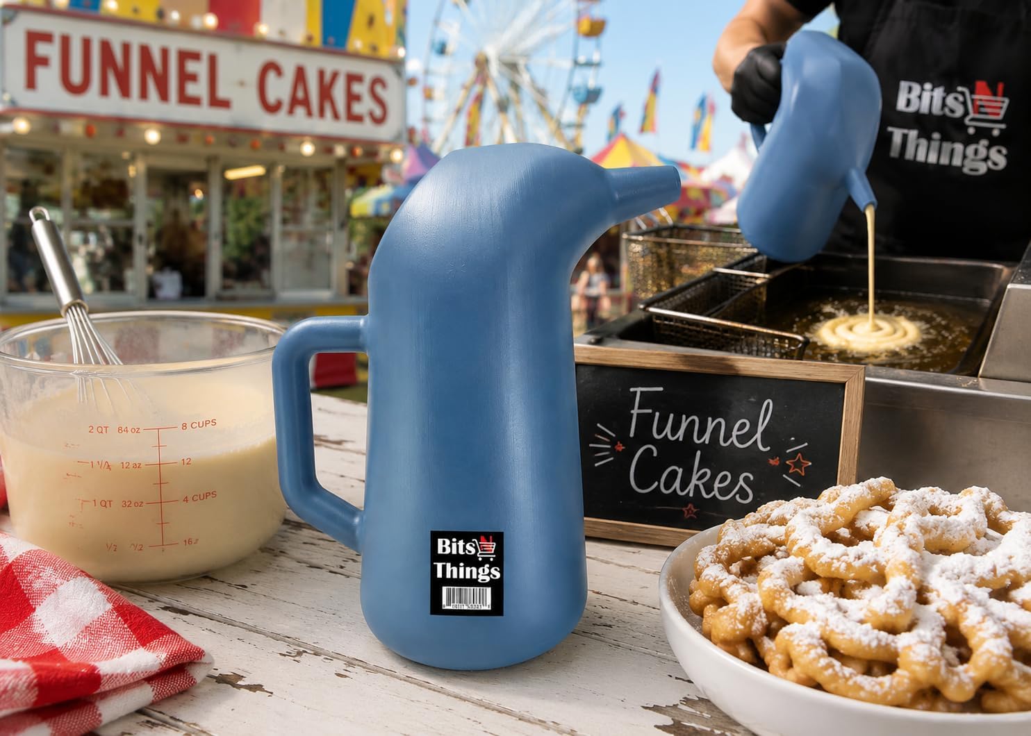 Funnel Cake Batter Pouring Pitcher 2 Qt | Batter Dispenser Pitcher | Funnel Cakes, Pancakes, Waffles & Crepes | Durable Plastic Pouring Container | Bits N Things