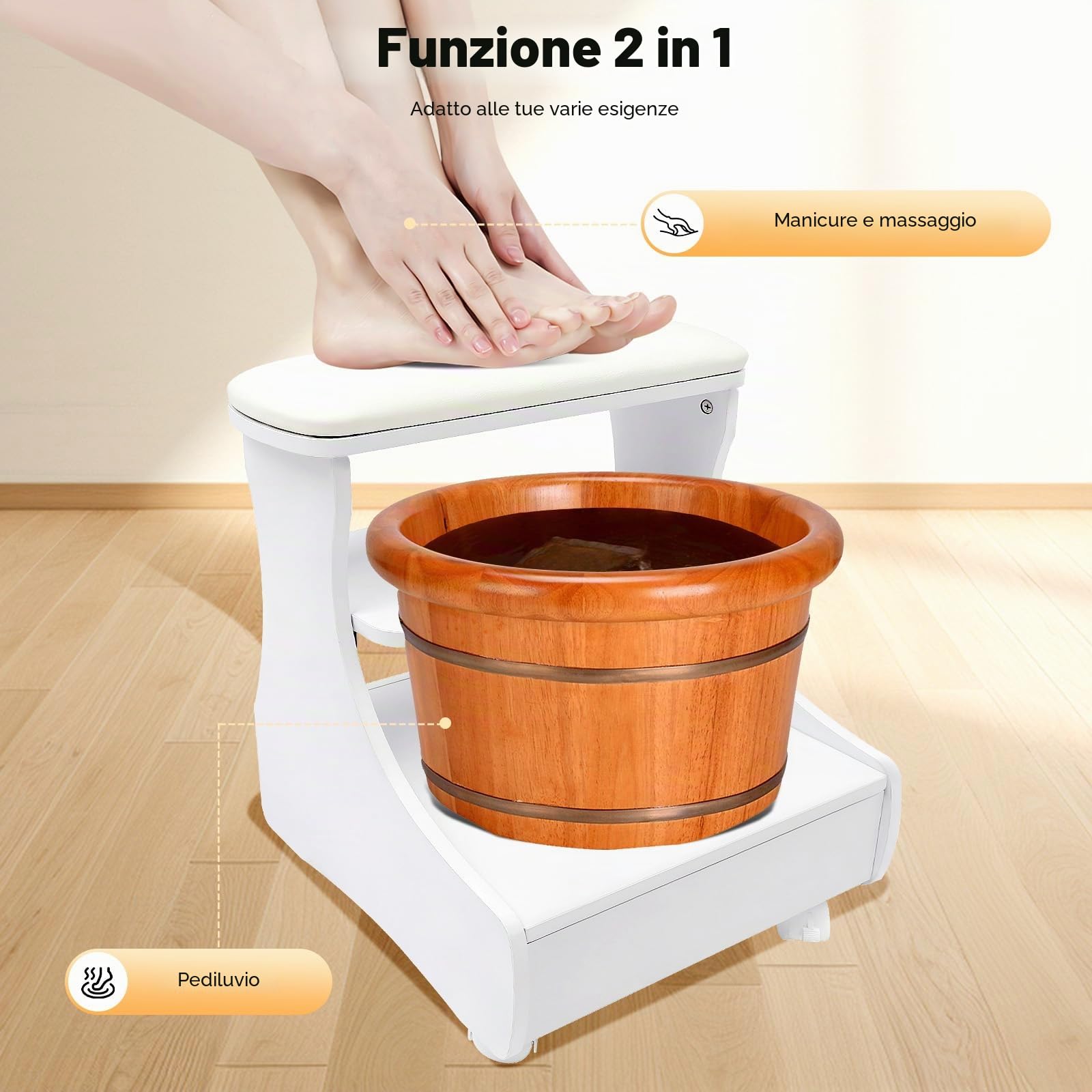 Sgabello da bagno con piedini, poggiapiedi per pedicure, carrello per manicure, sgabello da bagno piedi con ruote freno, cassetto, vassoio per appoggio, carico 20 kg, MDF, casa Spa soggiorno Institute