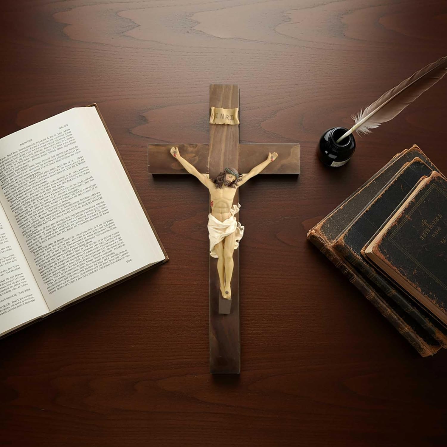 PlentifulHome Large Wall Crucifix – 19” Wooden Cross with Resin Jesus Statue and INRI Plaque, Catholic Christian Wall Decor for Home, Church or Chapel