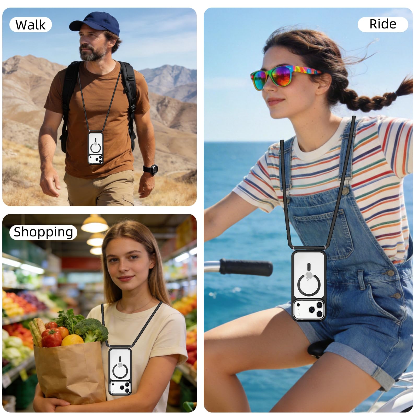 Pnakqil Magnetyczne etui na iPhone'a 17 Pro ze smyczą, kompatybilne z MagSafe, twarde etui PC cienkie silikonowe TPU odporne na wstrząsy zderzak ochronny ze sznurkiem naszyjnik pasek na ramię etui