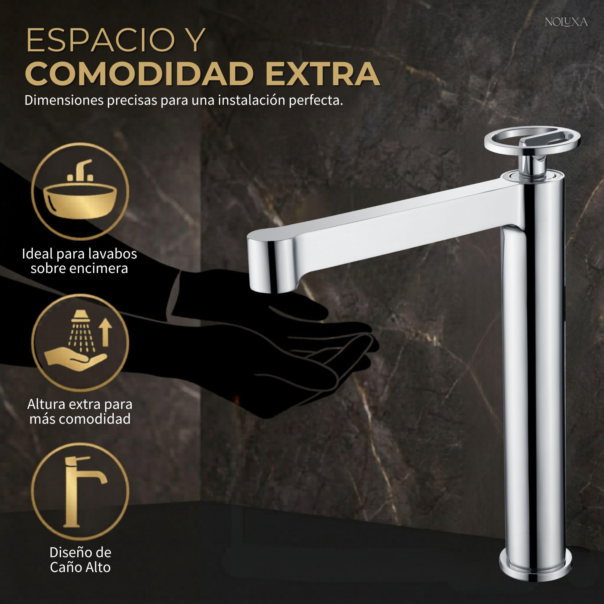 IMEX - Grifo Lavabo Cromado Caño Alto | Grifo Baño Mezclador Agua Fria y Caliente | Grifería Monomando Efeto Cascada con Caño de Latón y Ahorro de Agua | Serie Olimpo | Color Cromado