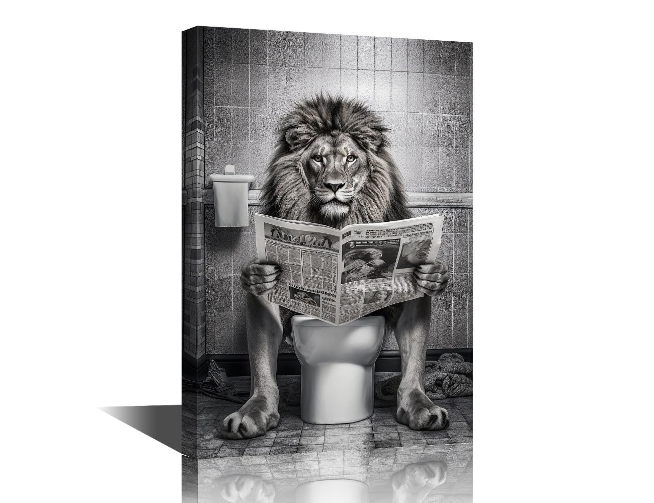 TISHIRON Lion Sit on the Toilet Wall Decor Leo Sitting on the Potty Canvas Painting Black and White Wall Decor Poster Home Decor Living Room Office Frame Ready to Hang 1 Panel (16''Wx 24''H)