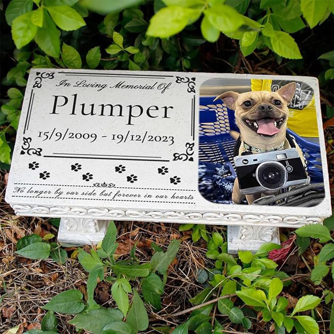 JHB Personalized Bench Pet Memorial Garden Stone Plaque with Colorful Photo, Dog Grave Marker Dog Tombstone Cat Headstone for Graves Loss of Pet Gift Cemetery Garden Plaque (G)