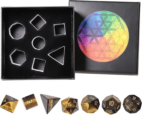 Miniatura 6 de rockcloud Tiger's Eye DND - Juego de 7 dados poliédricos hechos a mano con piedra de cristal curativo con caja de dados para juegos de mesa RPG MTG,