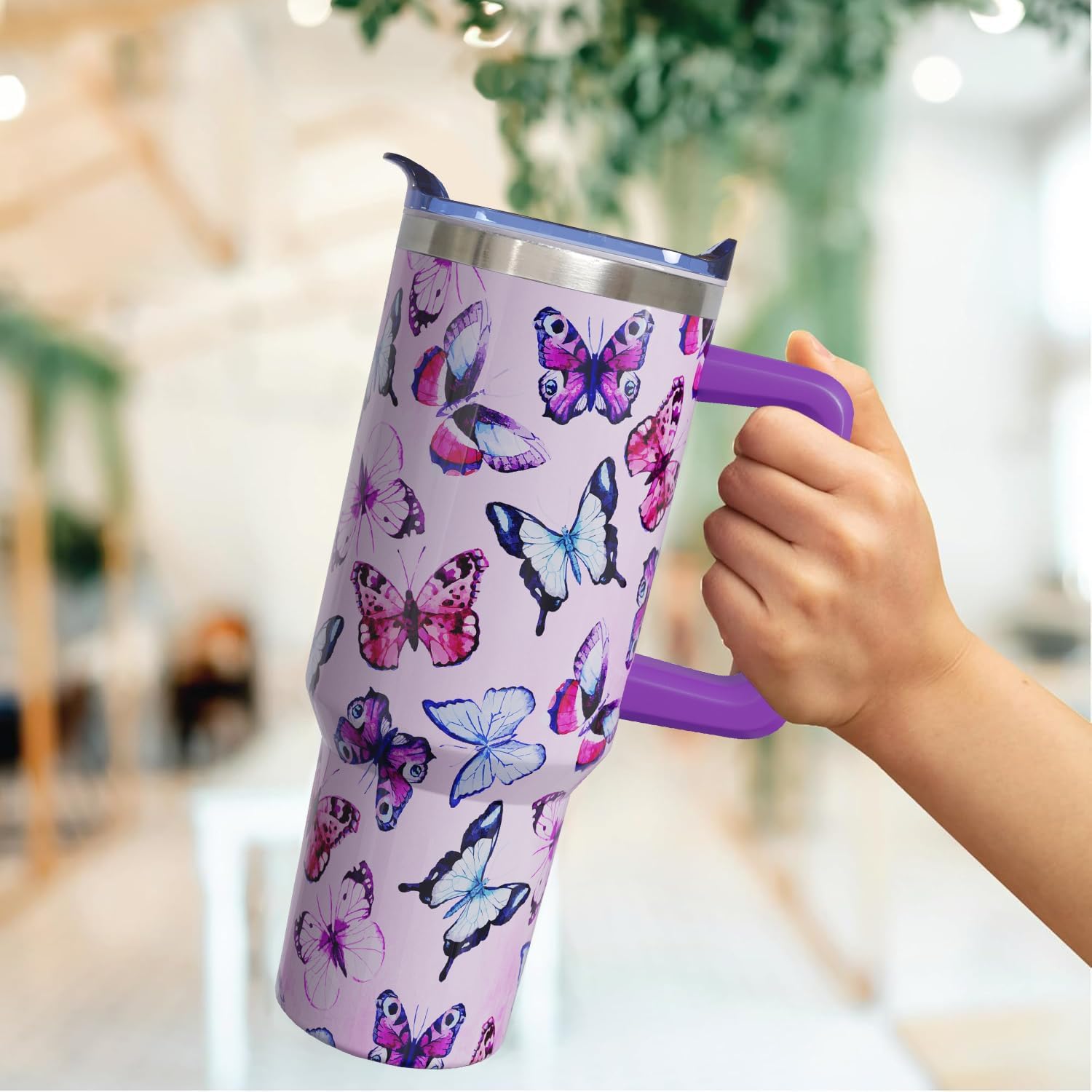 40 oz Tumbler with Handle and Straw Butterfly Insulated Stainless Steel Tumbler Cups Butterflies Coffee Travel Mug Water Bottle Leak Proof Lid Butterflies Gifts for Women Butterfly Stuff - Image 3