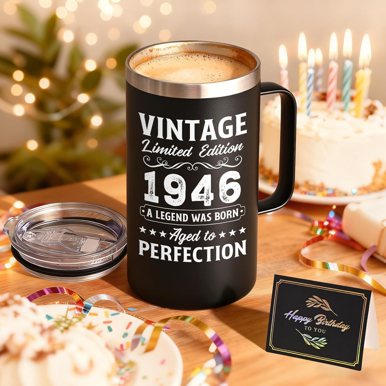 Lifecapido 80th Birthday Gifts, Vintage 1946 Aged To Perfection 20oz Insulated Coffee Mug, 80th Birthday Gifts for Men Dad Grandfather Husband Uncle, Black - Image 4