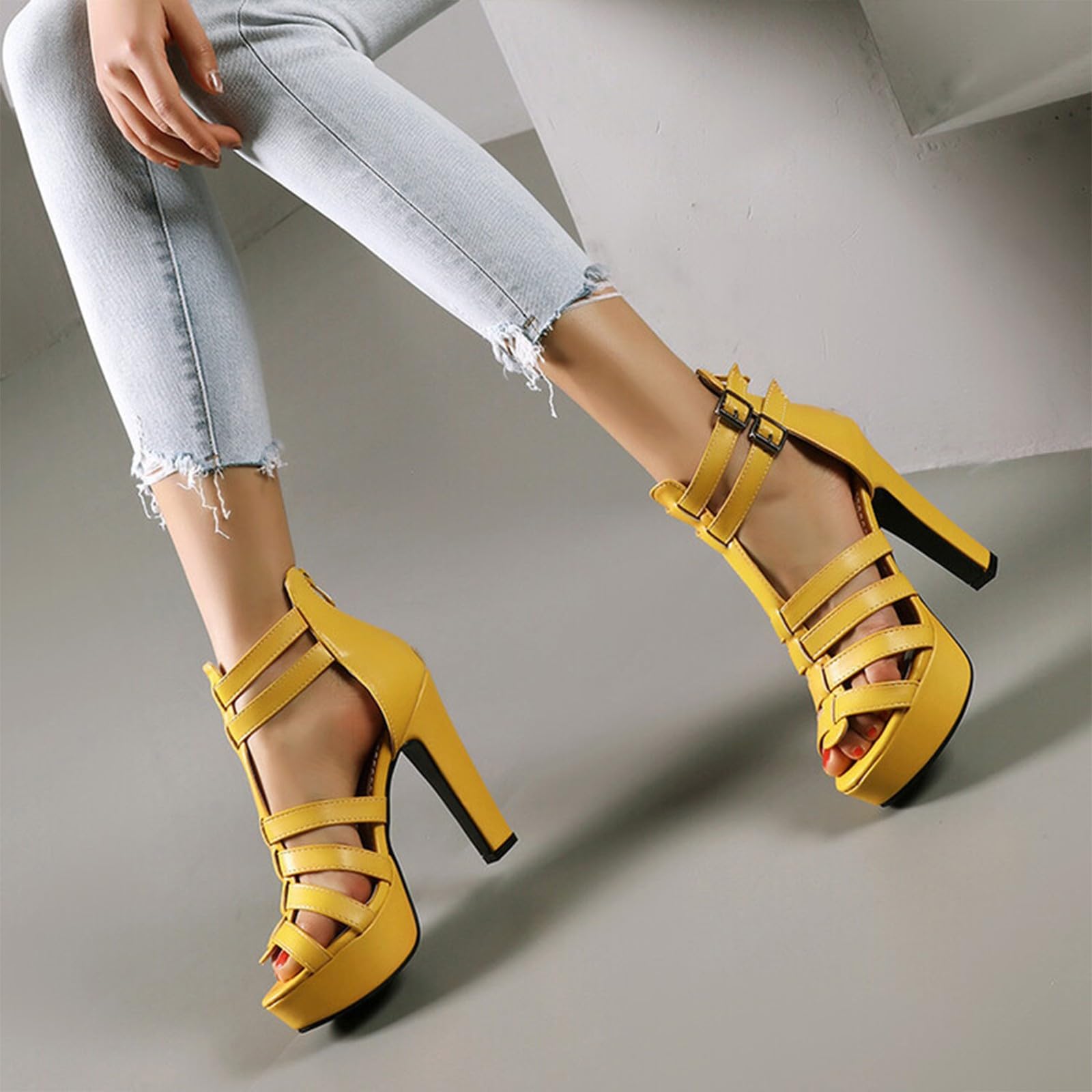 Sandali Donna Estive con Zeppa Scarpe Eleganti Sandali estivi da donna grandi dimensioni cinturini sottili a T cerniera posteriore tacchi alti e spessi. Tacco Cuoio Sandalo Gioiello