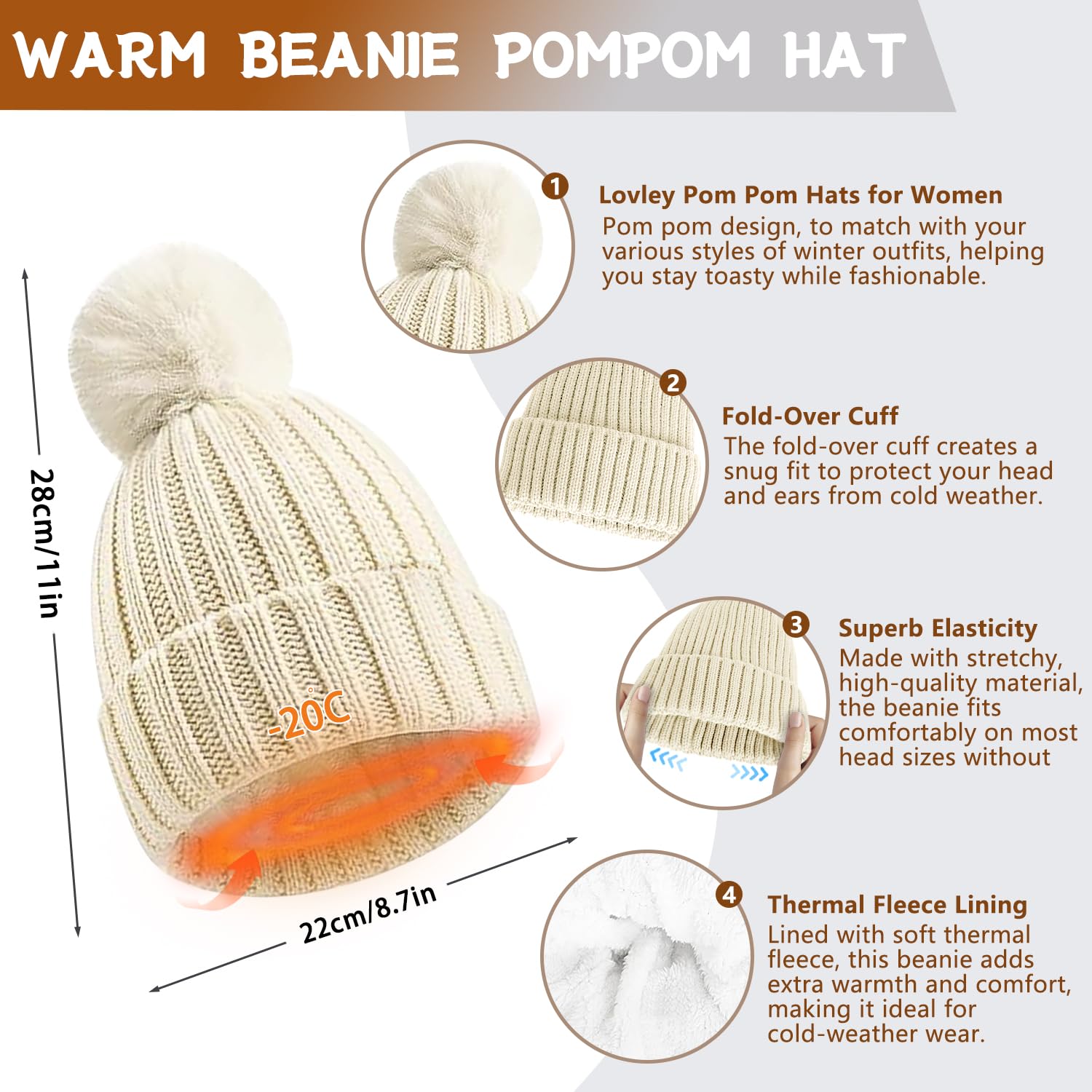 Ensemble Bonnet Echarpe Gant, 4pcs Ensemble Bonnet Echarpe Femme avec Gants Écran Tactile et Chaussettes Thermiques, Tricoter Bonnet Femme Hiver Pompom Coffret Cadeau pour Femme Sports Plein Air Hiver