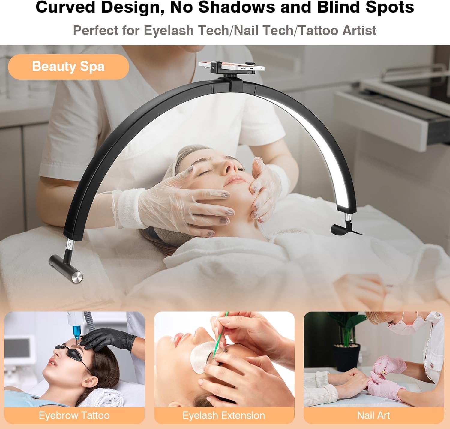 Mznoo Nail Light for Desk, 30'' LED Half Moon Lamp for Nail Techs, Manicure and Handicraft, Adjustable Color Modes and Brightness, with Phone Holder (Black)