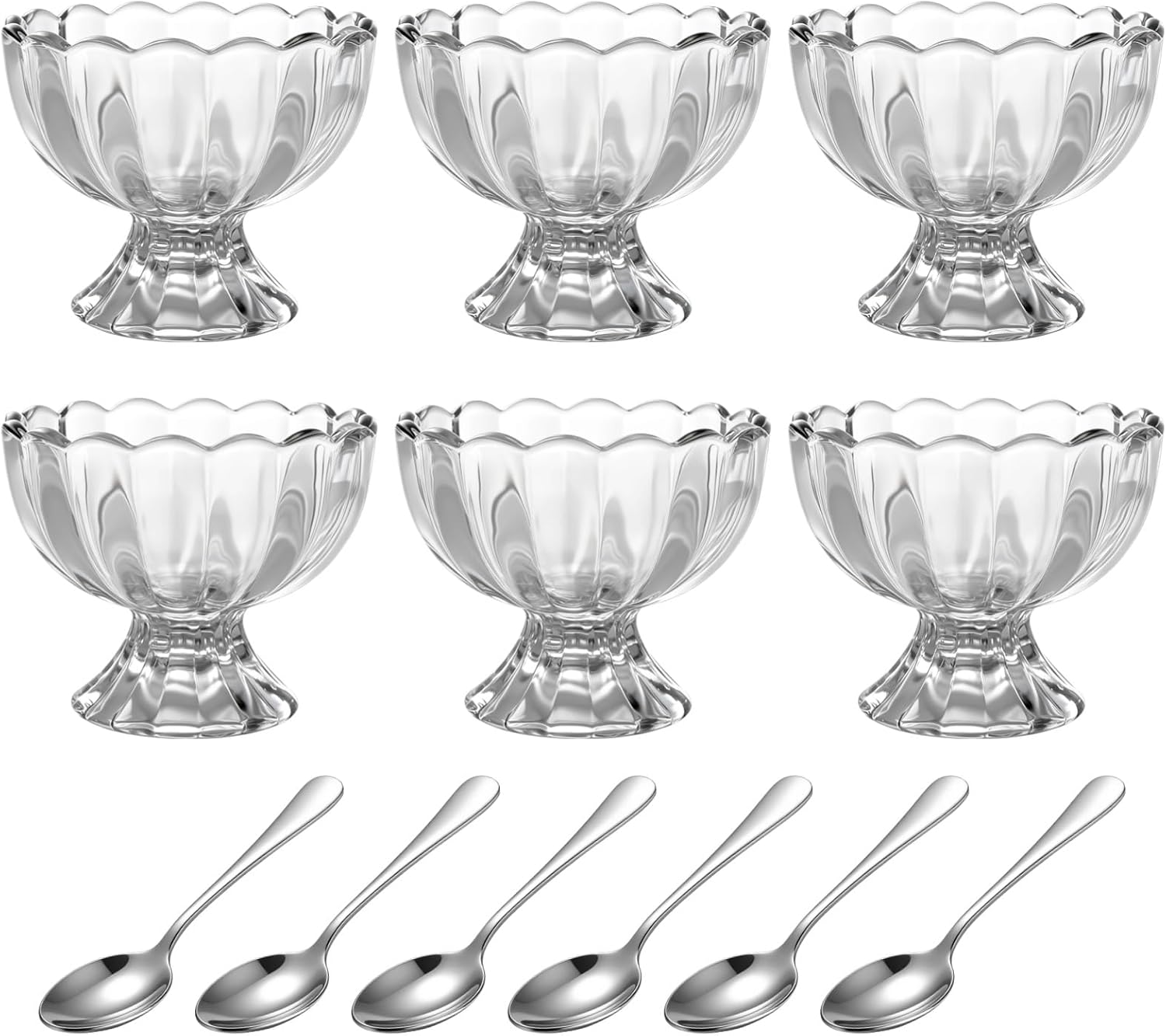5oz Iced Cream Dessert Bowl, Glass Dessert Bowls Set of 6, Vintage Footed Tulip Glass Dessert Cups with 6 Stainless Steel Spoons, Small Glass Parfait Cups for Sundae, Fruit, Pudding, Snacks
