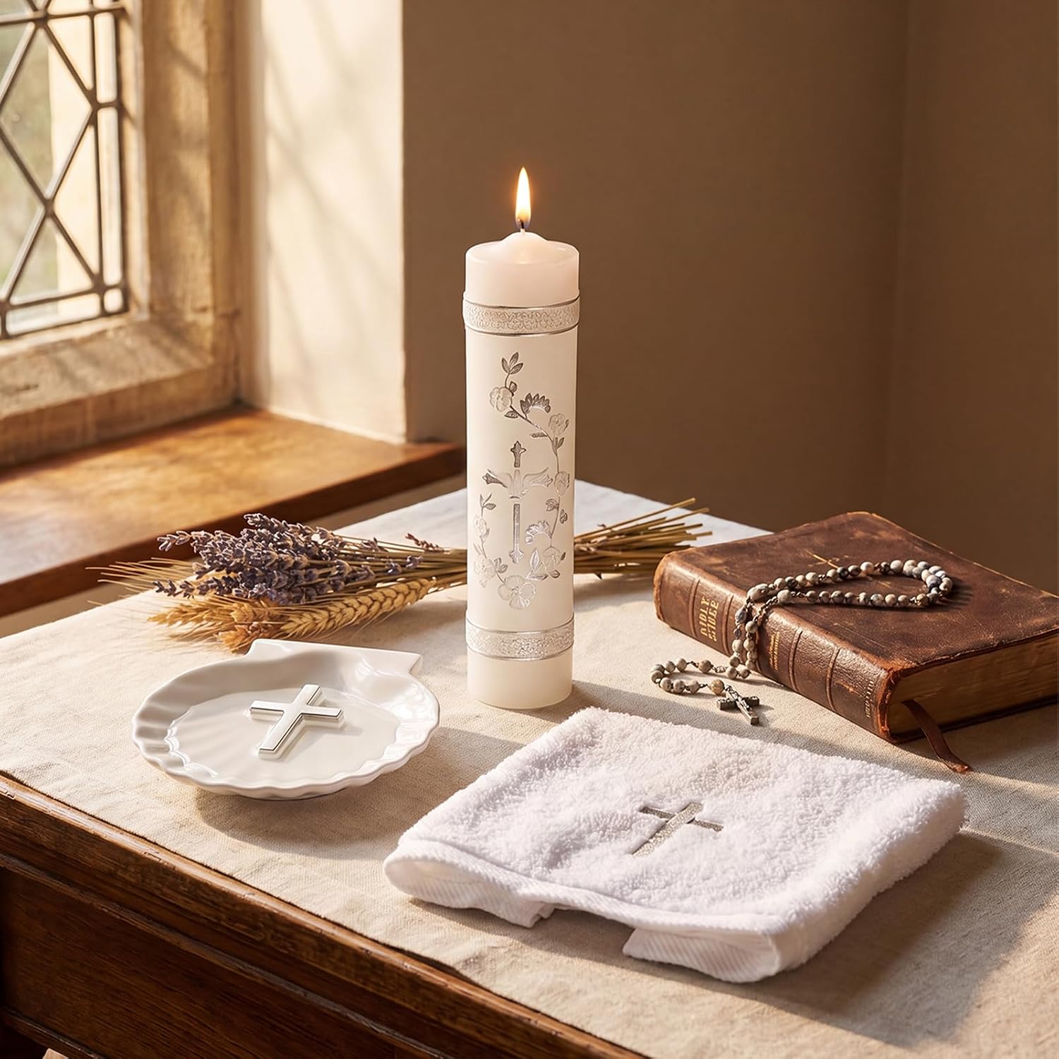 Lyrow Baptism Candle Set Complete Christening Gift Kit with Shell, Candle & Towel, Silver Communion for Baptism, First Holy Communion, Catholic Sacraments
