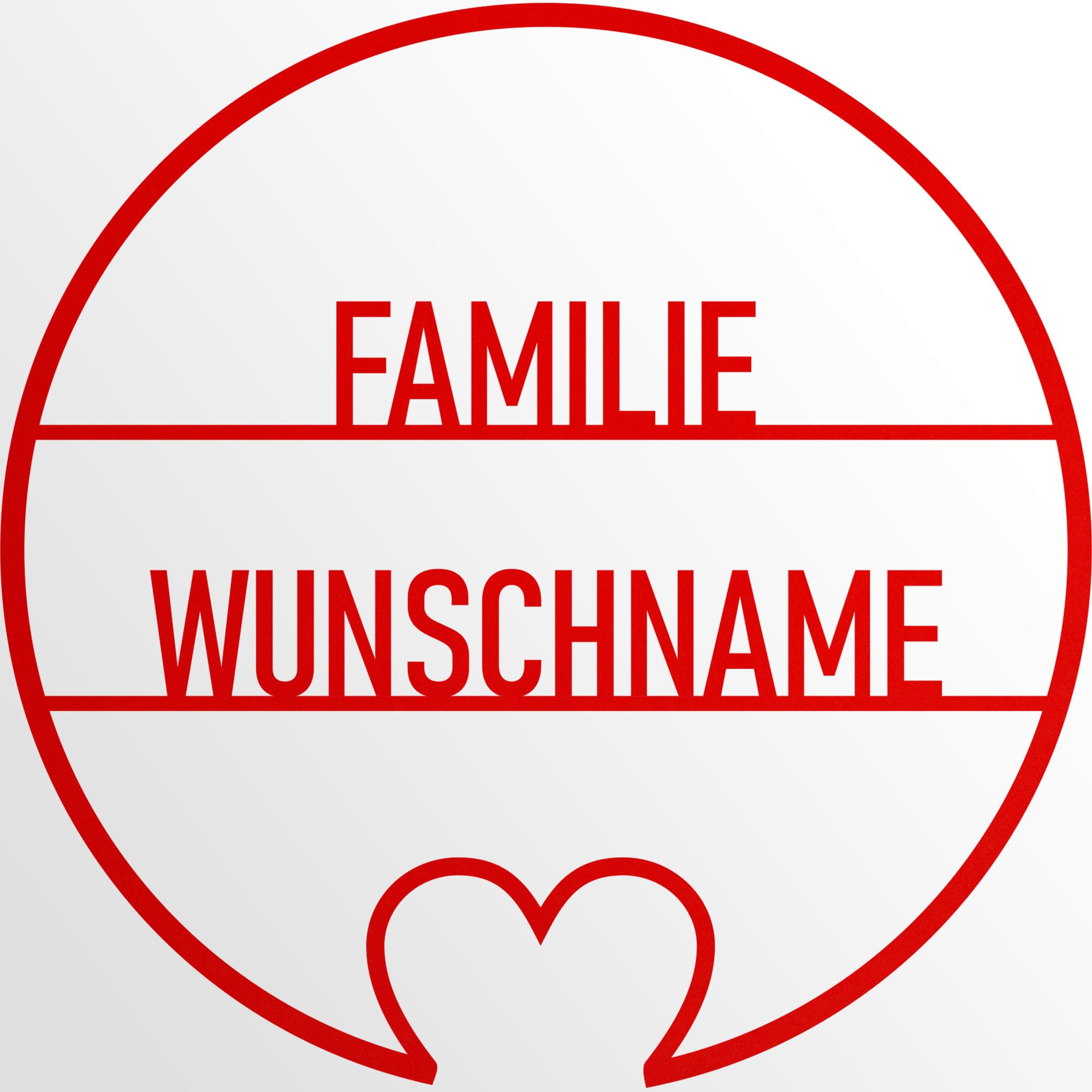 INDIGOS UG - Plaque de porte en aluminium composite - Cercle cœur - Rouge - 110 cm - Nom au choix - Plaque nominative, plaque de porte d'entrée - Texte personnalisé - Plaque pour famille, amis, cadeau