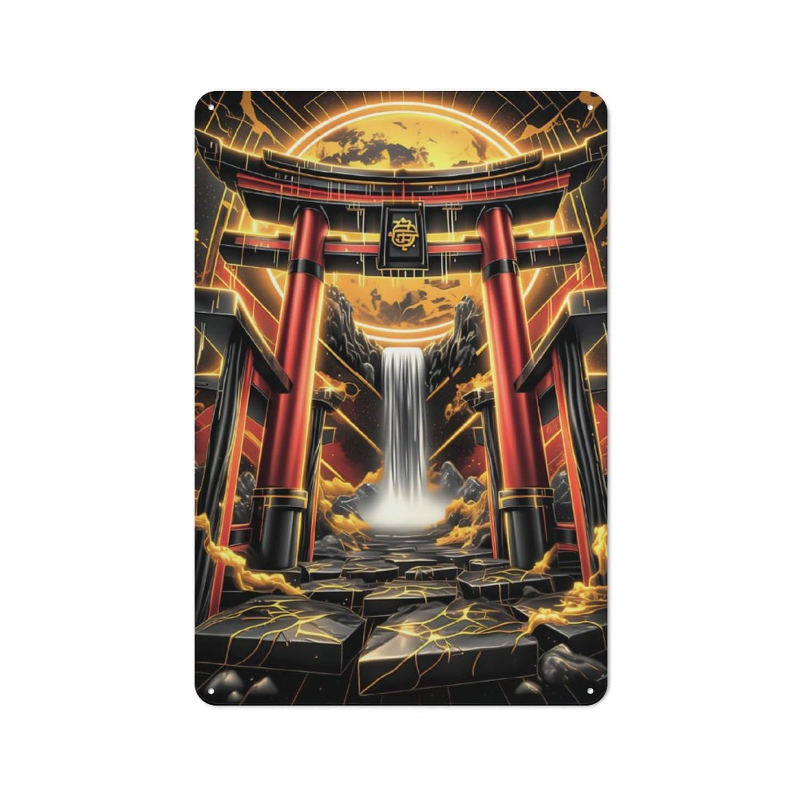Junmoney Torii Waterfall Gate Vintage Metal Plaque 30X20cm Featuring For Pub Or Café, Suited To Café Interior Fans
