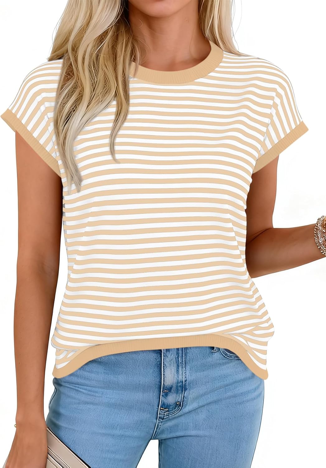 Cap Sleeve Tops for Women Summer Striped Short Sleeve Sweater Top Crew Neck Sleeveless Vest Spring Going Out Shirts - Image 2