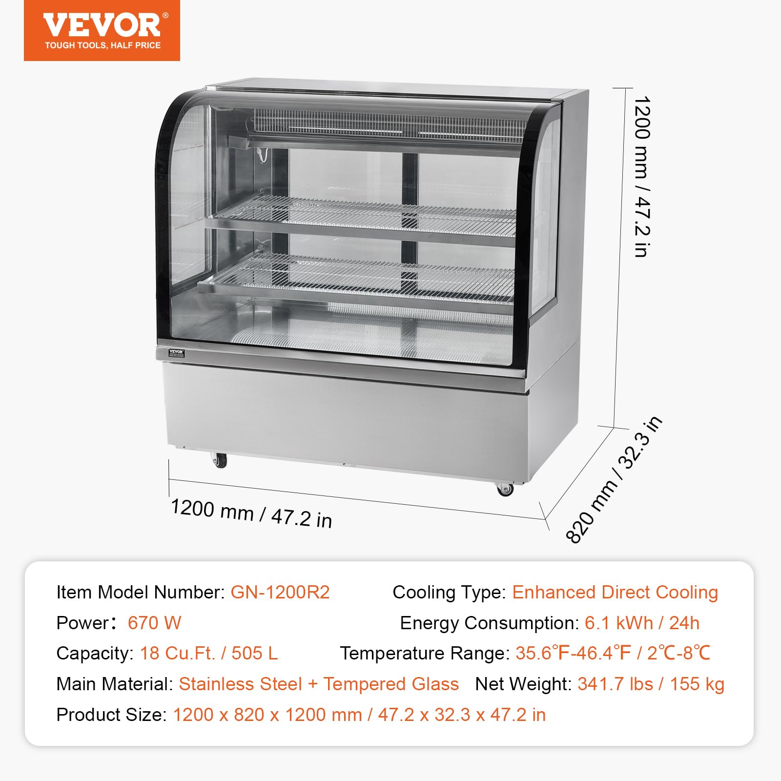 VEVOR Vitrina Refrigerada Vitrina Grande para Repostería de 505 L Refrigerador Comercial de 2 Niveles con Iluminación LED Refrigeración por Corriente Descendente Móvil con Ruedas para Panadería