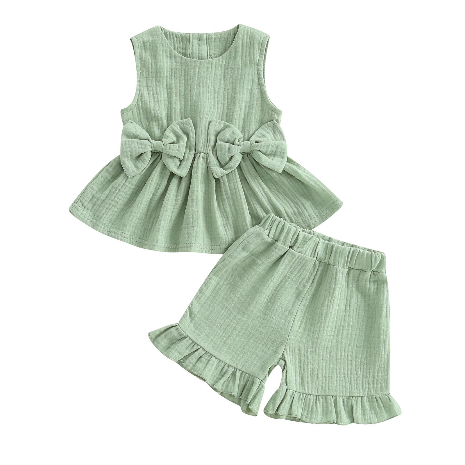 Kupretty Toddler Baby Girl Clothes Summer Linen Outfit Bows Ruffle Vest Shirts + Ruffled Short Set 12 18 24 Month 2T 3T