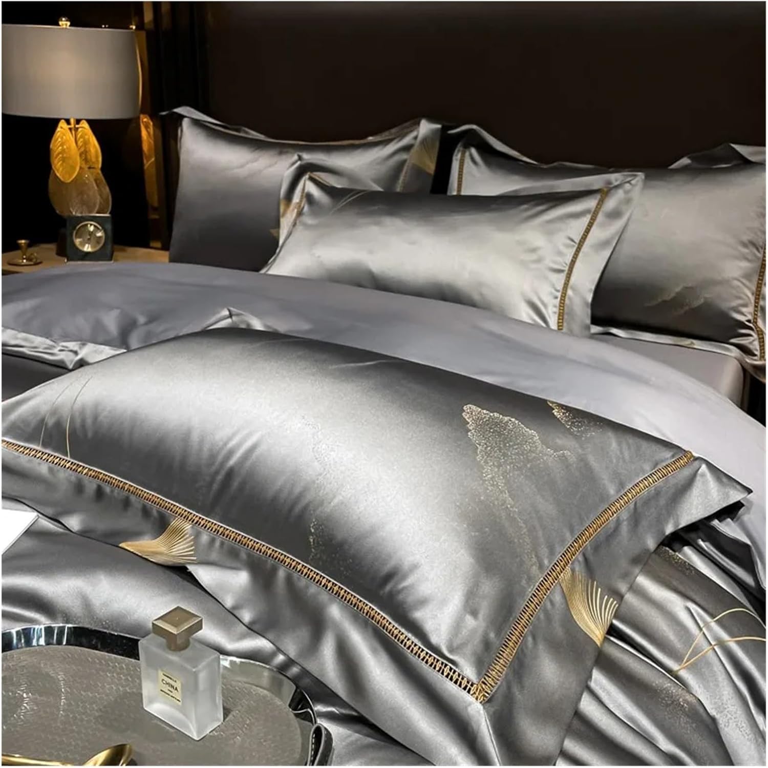 Bed, Green 4Pcs Double Queen Yarn-Dyed Satin Jacquard Shiny Luxury Bedding Set Cotton Satin Silky Smooth Duvet Cover Bed Sheet Pillowcases, MM-102