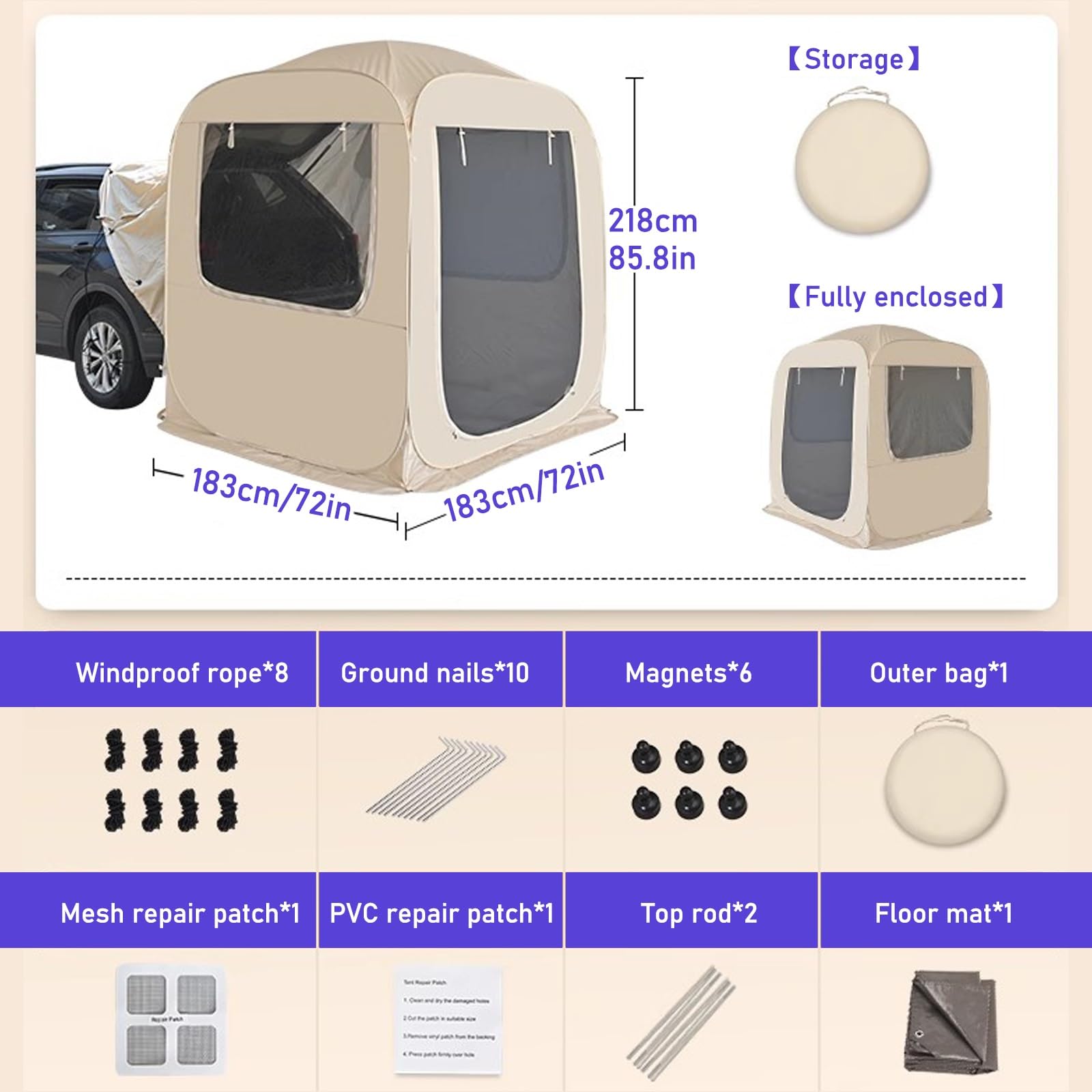 Toldo Camper para Coche, Lona Sombra Exterior Oxford 210D para 4-6 Personas, Toldo Camping de PVC Grueso, Adecuado para SUV, Coche y Jeep