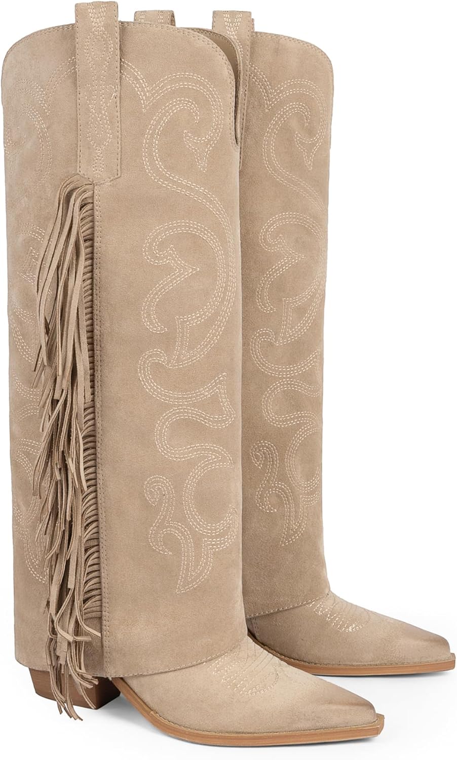 QIY Women's Knee High Cowboy Boots Cowgirl Fold Over Fringe Boots for Women Western Embroidery Pointy Toe Chunky Block High Heel with Half Zipper for Country Music Festivals Rodeo